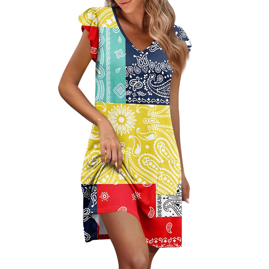 Womens Summer Dress Ruffle Sleeve V Neck Short Dresses Fashion Casual Flowy A Line Swing Sundress With Pocket