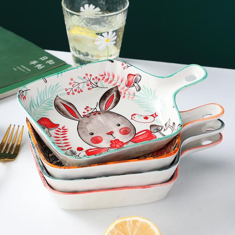 Ceramic Baking Tray with Handle Forest Animal Design Bowls Creative Restaurant Household Plate Kitchen Tableware Gift