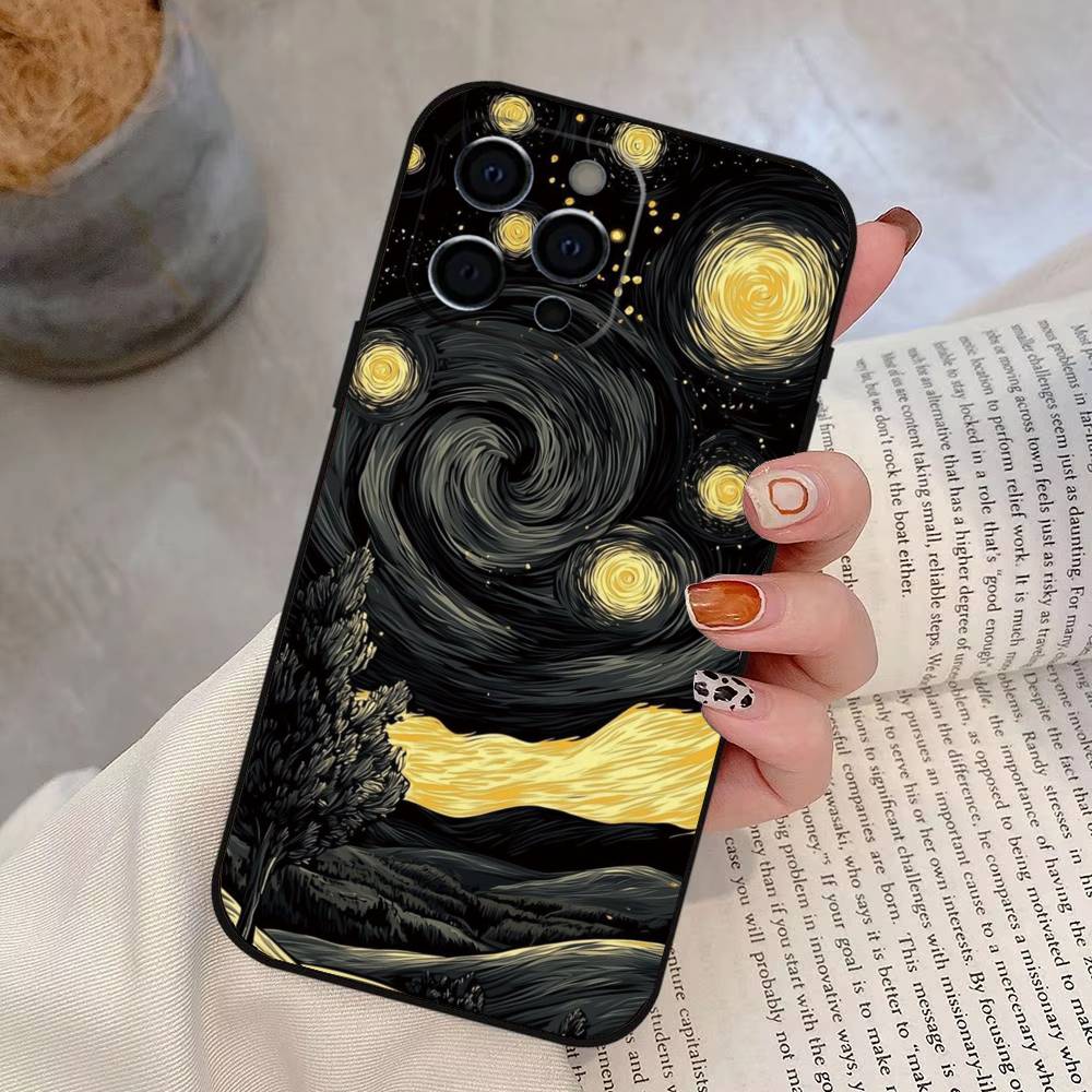 Van Gogh Starry Sky Phone Case For iPhone 17,16,15,14,13,12,11 Plus,Pro Max,XS,Soft Silicone Black Cover