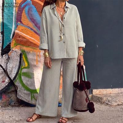 Women Long Sleeve Blouse and Long Pants Casual Stripe Print Two Piece Sets