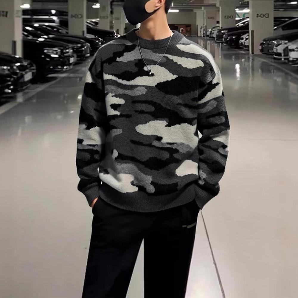 

Korean Camouflage Round Neck Sweater: 2025 Autumn/Winter Men s Casual Knitwear Fashion. XXL сірий колір