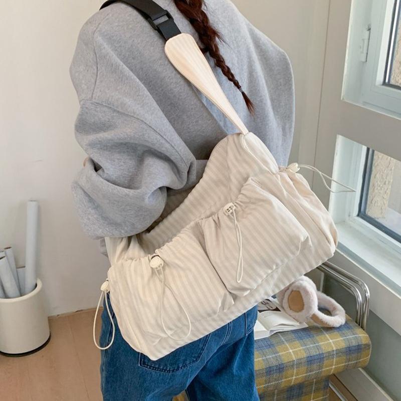 Stylish Plaid Shoulder Bag Korean Minimalist Tote Bag Casual Pleated Adjustable Crossbody Bag Zipper Handbag Fashi Canvas Bag
