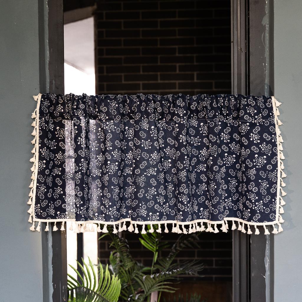 Japanese Dark Blue Retro Homestay Decorative Door Curtain Cotton And Linen Fabric Short Curtain Small Curtain Fringed Bookcase Blocking Partition