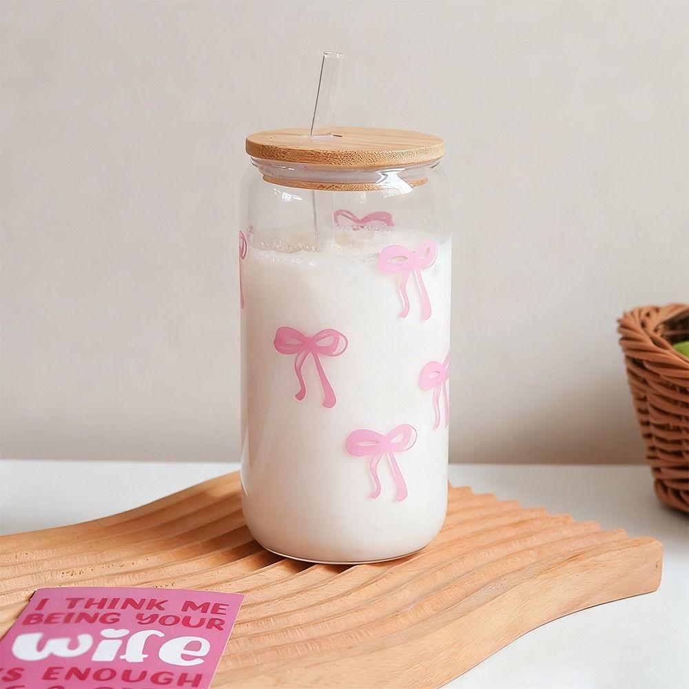 Cute 500ml Bow Glass Cups with Lids and Straw Drinkware Container Coffee Cups Tumbler Cups Girl Gift