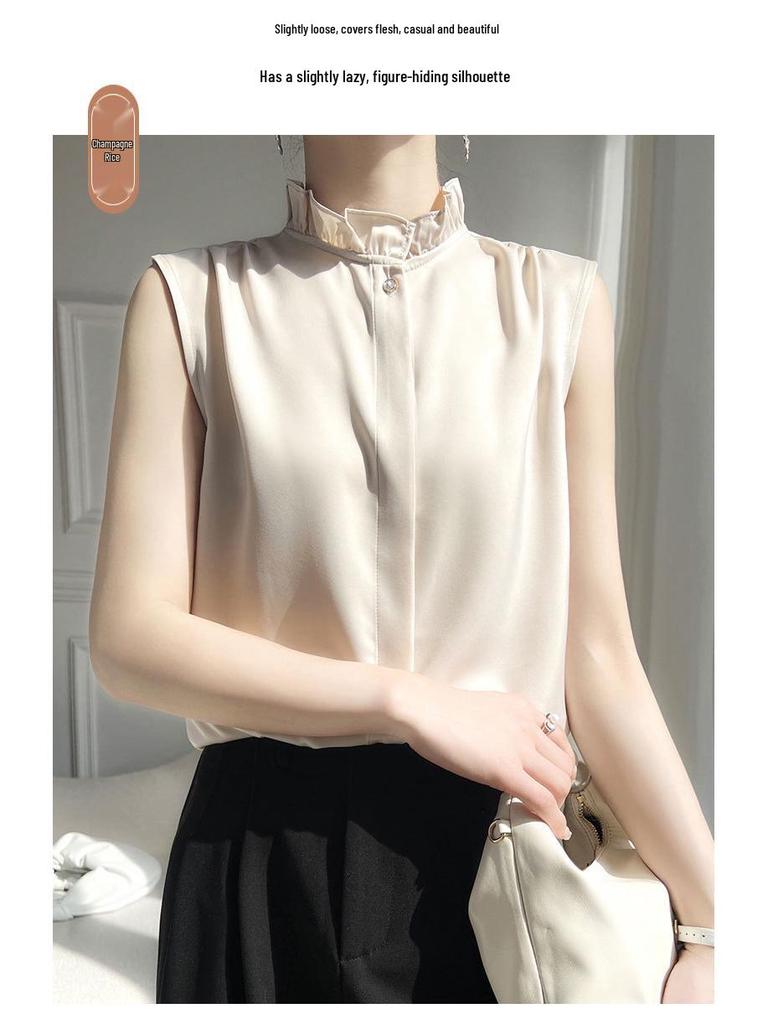 Silky Lotus Leaf Lace Collar Sleeveless Top for Women - Spring/Summer Fashion Layering Essential
