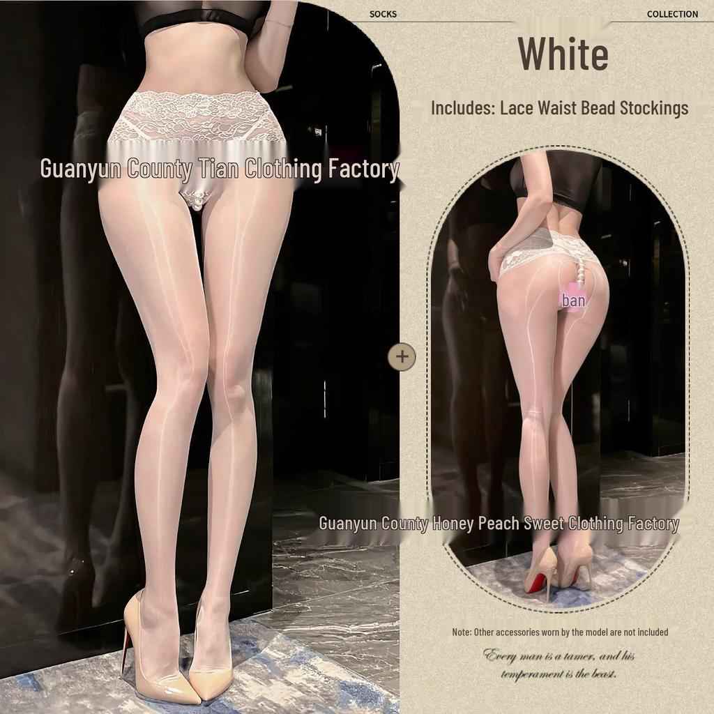 Shiny Black Pearl Lingerie Bodysuit with Lace Waist, See-Through Design, and Open Crotch.