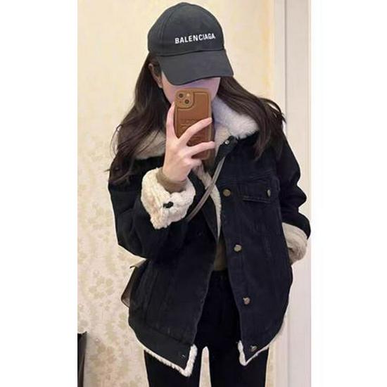 

Petite Women s Casual Warm Denim Jacket - Fleece Lined, Thick Cotton, Winter Streetwear Fashion XL (for 115-130 jin)