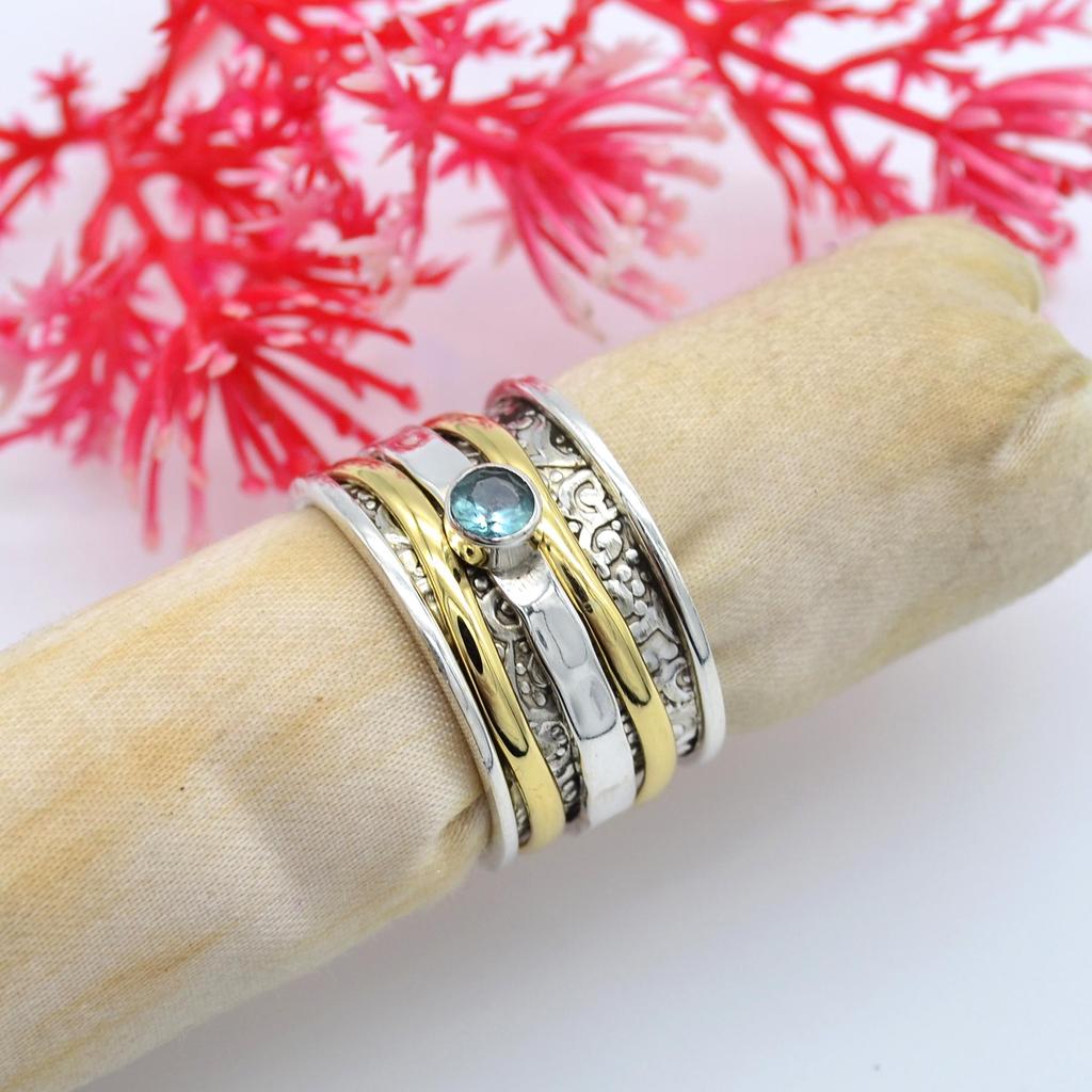 Anillo hecho a mano de plata de ley 925 con piedras preciosas de topacio azul, anillo giratorio de mediación para hombres