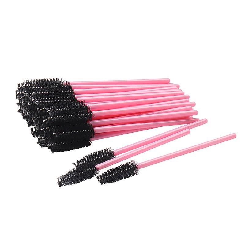 50-Pack Disposable Eyelash Brushes - Portable Pink-Handled Makeup Tool for Eyebrow and Eyelash Application.