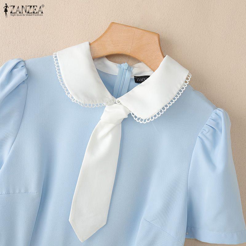 ZANZEA Women Splice Collar Casual Short Sleeve Elegant Pleated Dress