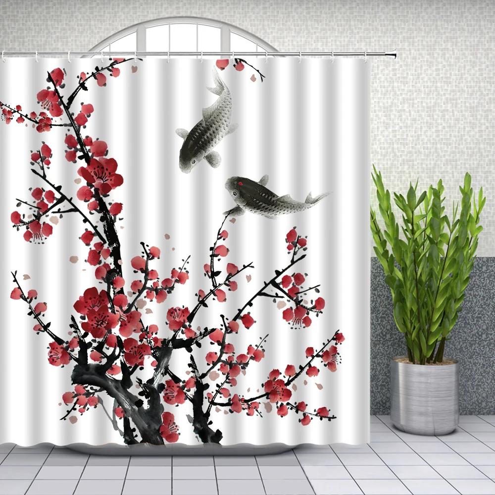 Waterproof Ink Painting Bamboo Leaves Bird Shower Curtains, Mountain Water Plant Landscape, Bathroom Curtain, Home Decor