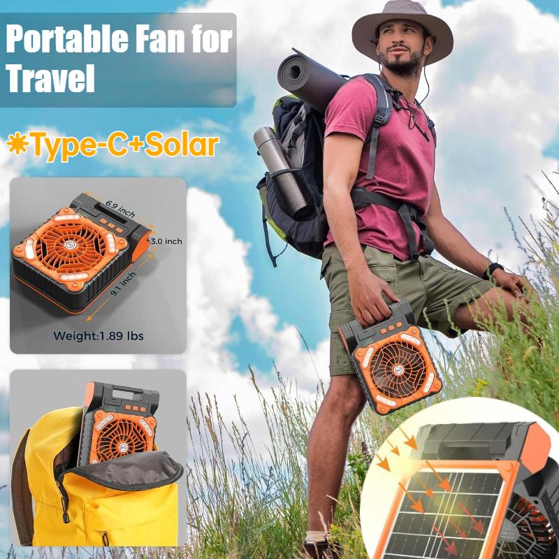 Solar Camping Fan with Lantern Rechargeable Operated Fan 18H Run Time Max 4 Speeds Timer 90° Adjustable Portable Desk Fan for Power Outage Outdoor Use