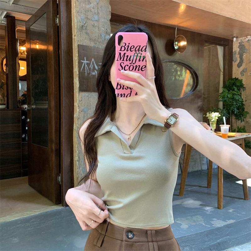 Pure desire style Spice girl polo collar vest women's summer design sense niche Hong Kong flavor inner with short sleeveless top shirt