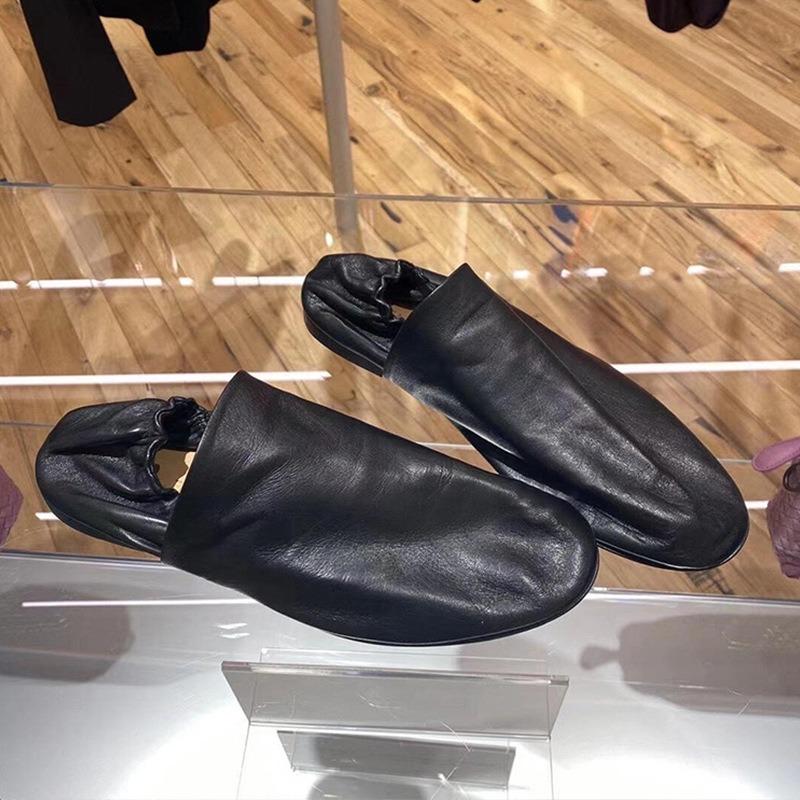 Genuine Leather~ Soft Leather Soft Sole Women's One-pedal Lazy Single Shoes Women's Sheepskin Flat Bottom Black Retro Doudou Shoes