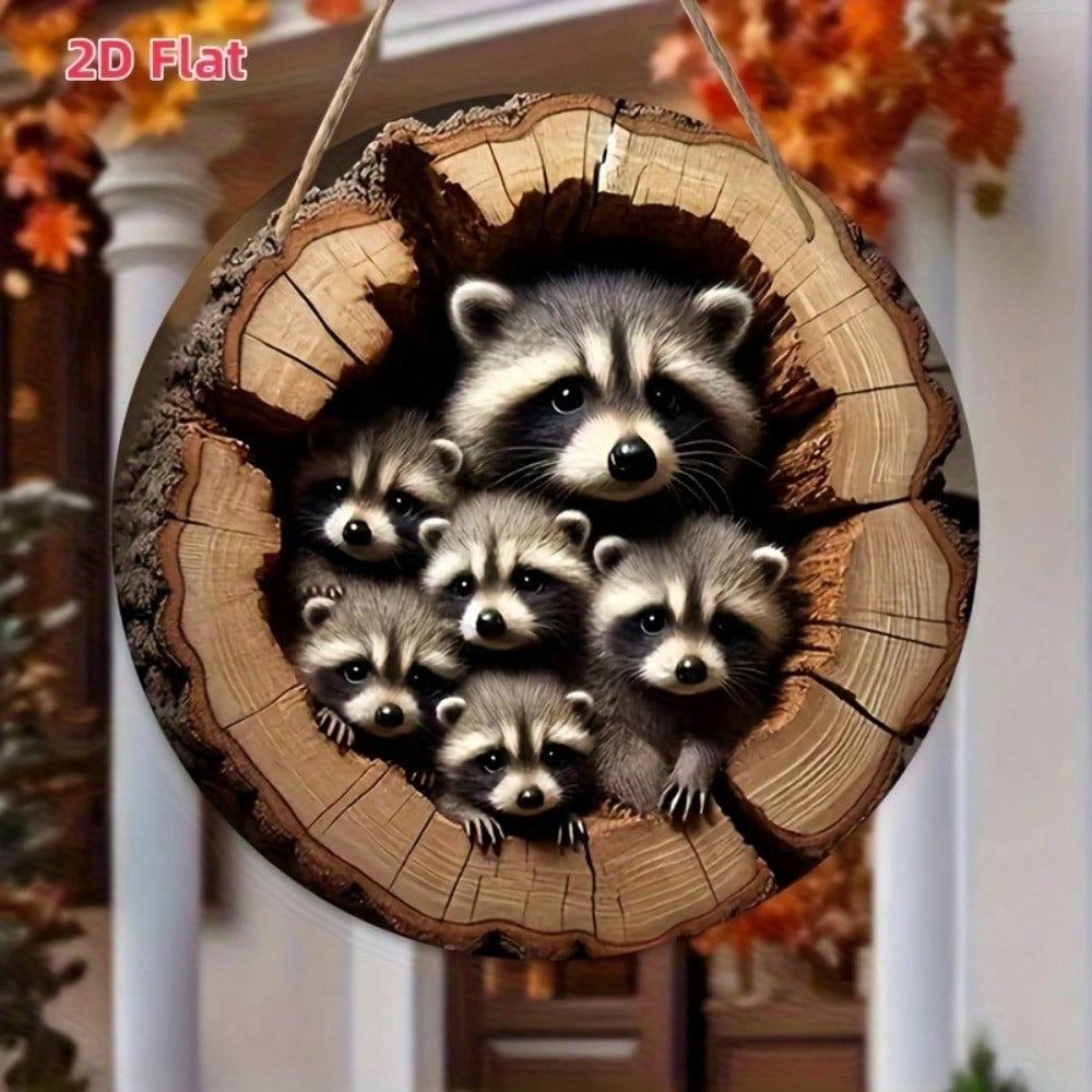 Metal Wall Art Raccoon Family Flat Design, Holes and Rope Included, Home Decor