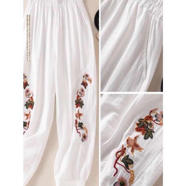 Summer Women's Cotton and Hemp Embroidered Haren Pants Middle Aged and Elderly Large Loose Haren Pants Mom Cropped Pants