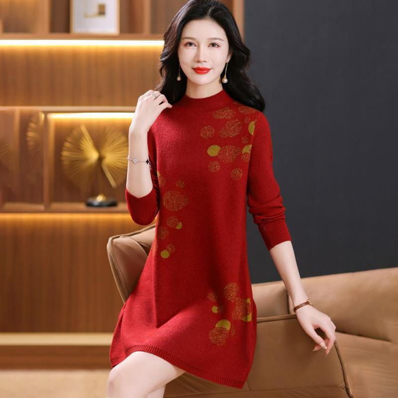 Kleid für Frau Baumwolle Winter Warm Rundhals Langarm Vintage Lässig Bedruckt Lang Stretch Strickpulloverkleider