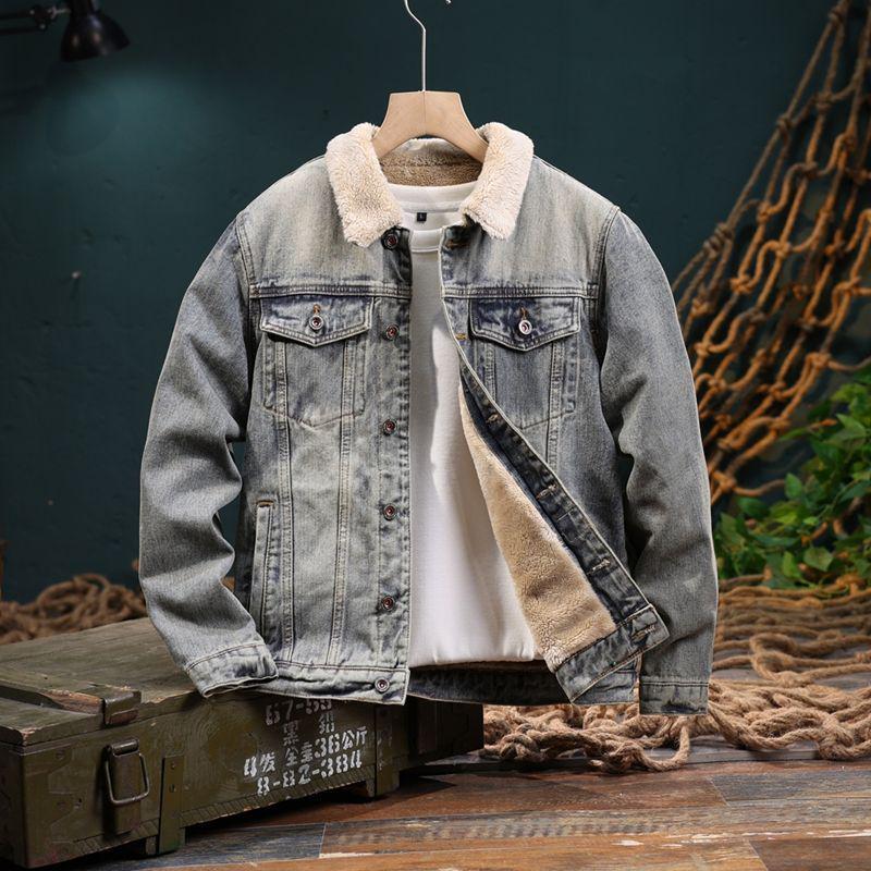 Men's Retro Winter Denim Jacket with Lambswool Lining - Trendy, Handsome, and Warm Cotton Outerwear