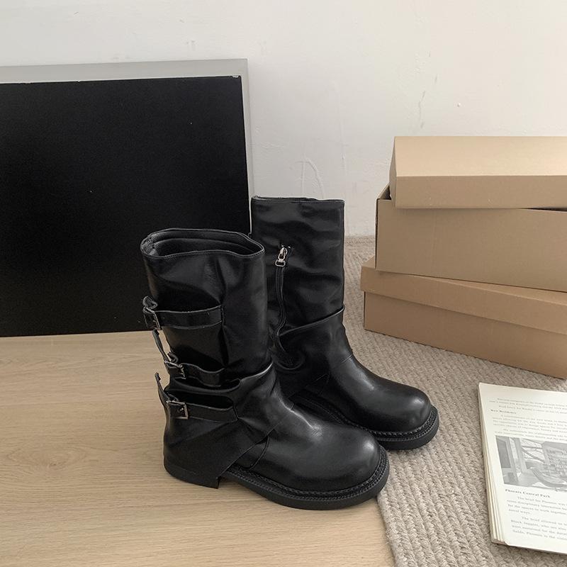 Nischen-Retro-Stiefel mit dickem Absatz und mittlerer Höhe, Western-Cowboy-Stapelstiefel, Ritterstiefel, Frühherbst-Martinsstiefel, Französische Damenstiefel