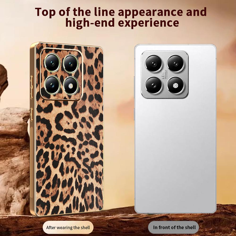 For Xiaomi 14T Case Leopard Print PU Leather Coated PC+TPU Electroplating Phone Cover