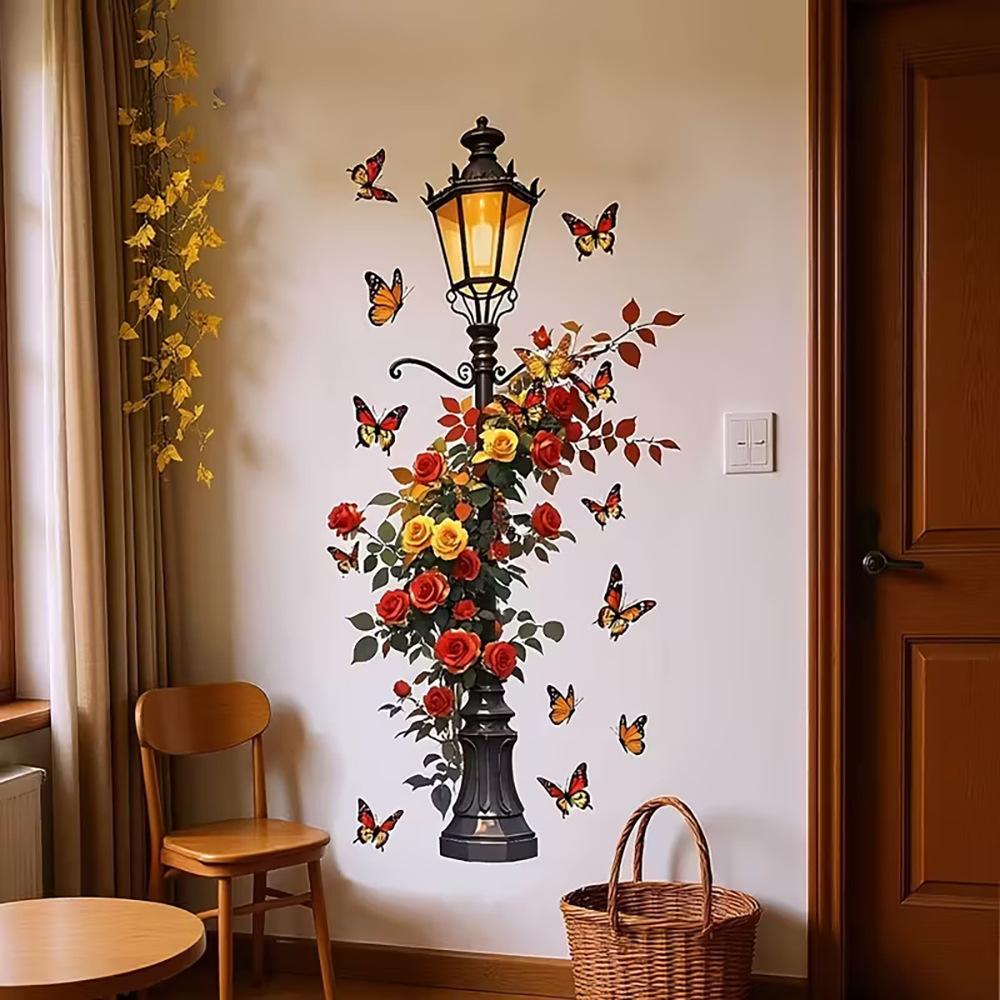 Romantic Red Rose Butterfly Street Lamp Wall Sticker Creative Self Adhesive Waterproof Home Decor