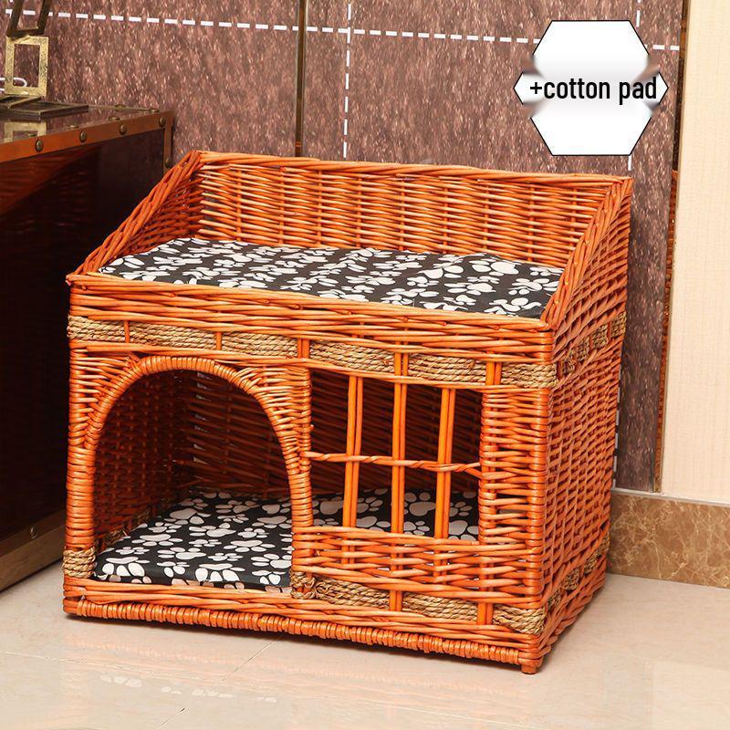 Four Seasons Universal Cat House – Enclosed Rattan Weaving Villa for Cats