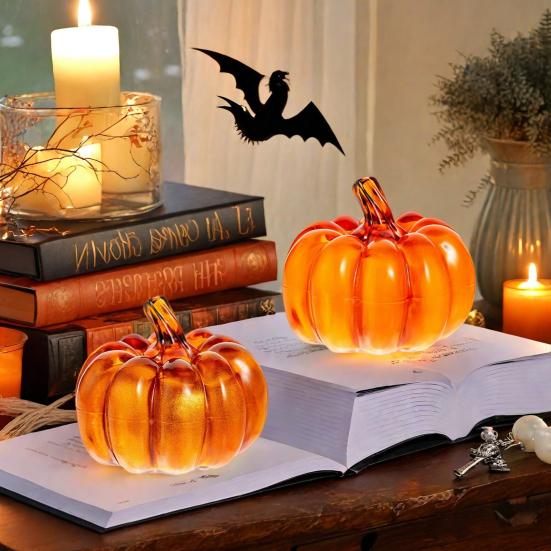 2Pcs LED Glass Pumpkin Set Starry Night Design Halloween Thanksgiving Decor Lighted Lantern Indoor Fall Decoration