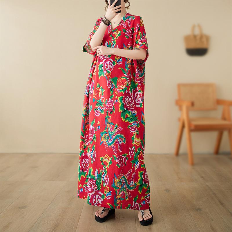 

Платье с большим цветком, женское летнее платье из хлопка и льна с v-образным вырезом, большой размер, литературный праздник, пляжный винтажный длинный халат One Size красный