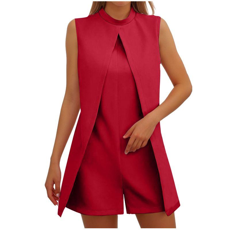 

Trendy Fake Two Pieces Jumpsuit All-Match Fashion Casual Women round Neck Solid Sleeve One-Piece Shorts Jumpsuit Red 2XL