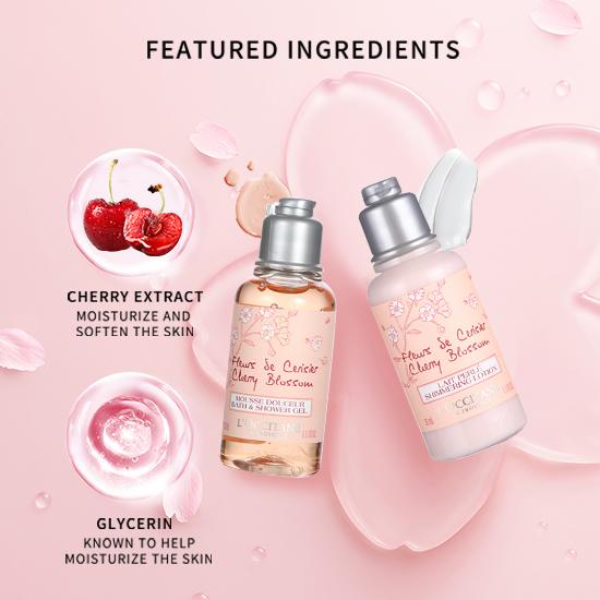 L'Occitane en Provence Mini sada péče o tělo (Tělové mléko Cherry Blossom 35ml + Sprchový gel 35ml + Krém na ruce 10ml + Krém na ruce s bambuckým máslem 10ml) 4-dílný
