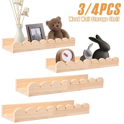 3/4Pcs Scalloped Wood Wall Storage Shelf Strong Load Bearing Wooden Floating Wall Shelf With Hook Decorative Display Shelf