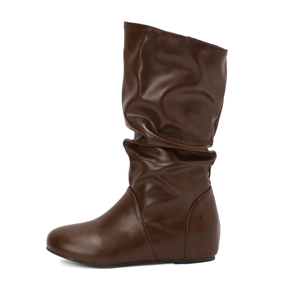 Fashion Mid-Calf Boots Women PU Pleated Boots Female Round Toe Shoes Concise Height Increasing Flat Shoes Autumn Winter 2025 Size34-48