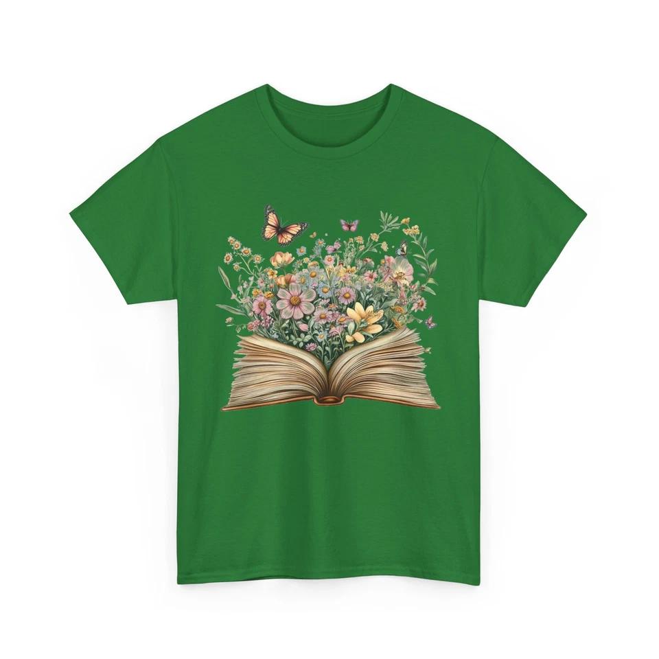 Book T-Shirt | Funny Reading Shirt | Open Book Wildflowers and Butterflies 3 L