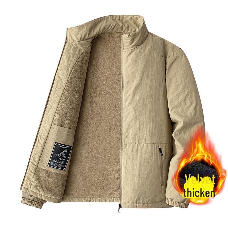 

Мужская большая плюшевая утолщенная куртка с воротником-стойкой на осень/зиму — повседневная, свободного кроя для пап среднего и пожилого возраста 2XL хаки