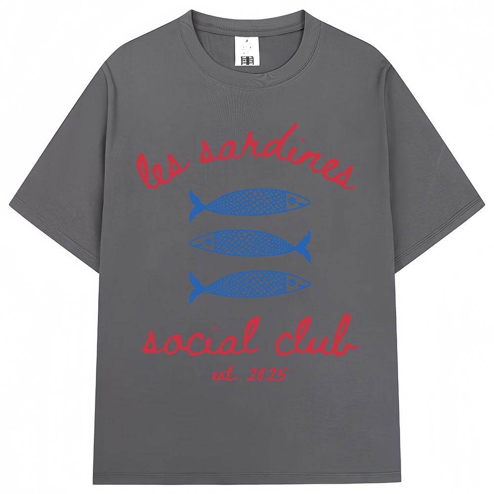 Les Sardines Social Club Graphic T Shirt Summer Fashion Vintage   Short Sleeve Oversized Cotton Casual Tees Streetwear