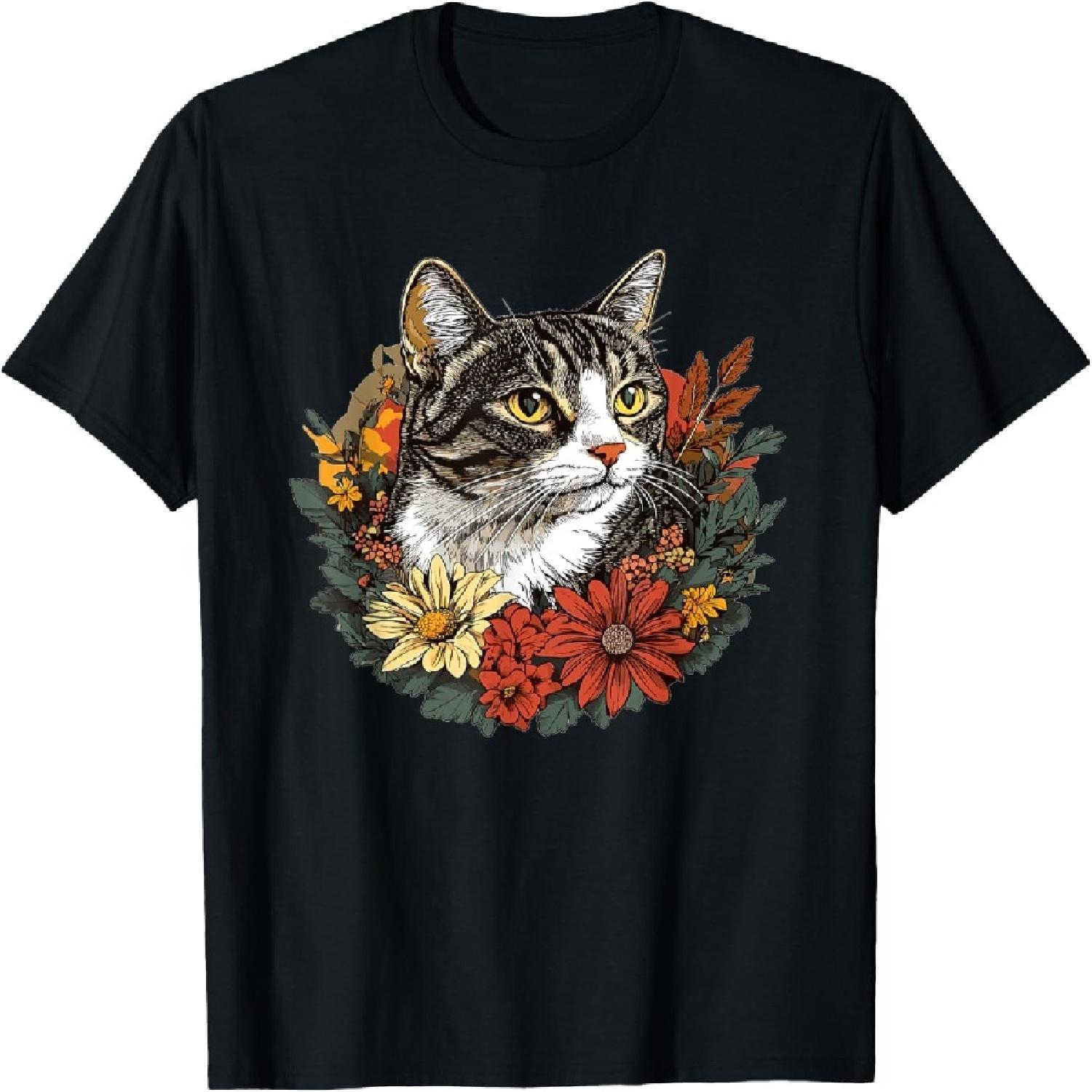 Tabby Cat Surrounded By Colorful Flowers T-Shirt XXXXXL разноцветный