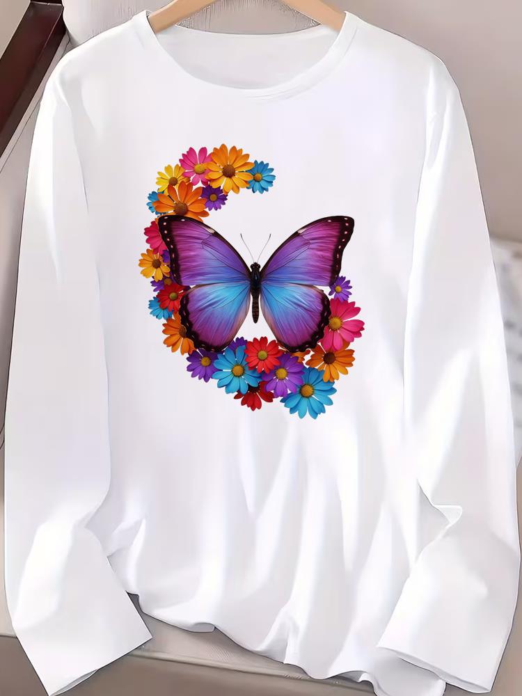 (Asian Size) Letter Cute Autumn Winter Spring Women Female Clothing Casual Tee Lady Printed O-neck Long Sleeve T Shirt  Fashion Top Graphic T-shirts