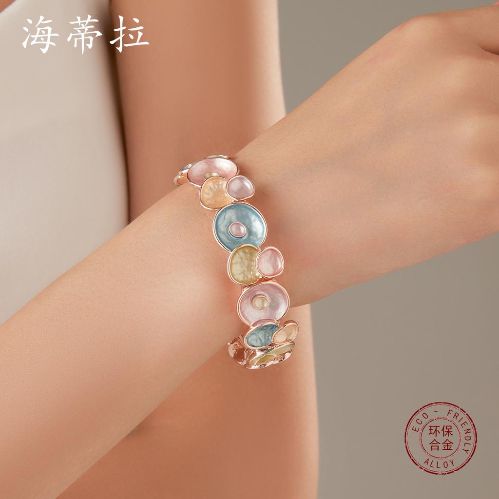 Farbiges Ölmalerei rundes Blume elastisches Armband, Frühling und Sommer klein frisch Damen vielseitiges Legierungsarmband