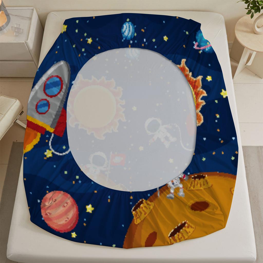 3pcs Playful Fitted Sheet For Kids Children Set Space Rockets Astronauts Planets Stars Printed Bed Sheet With 2 Pillowcases