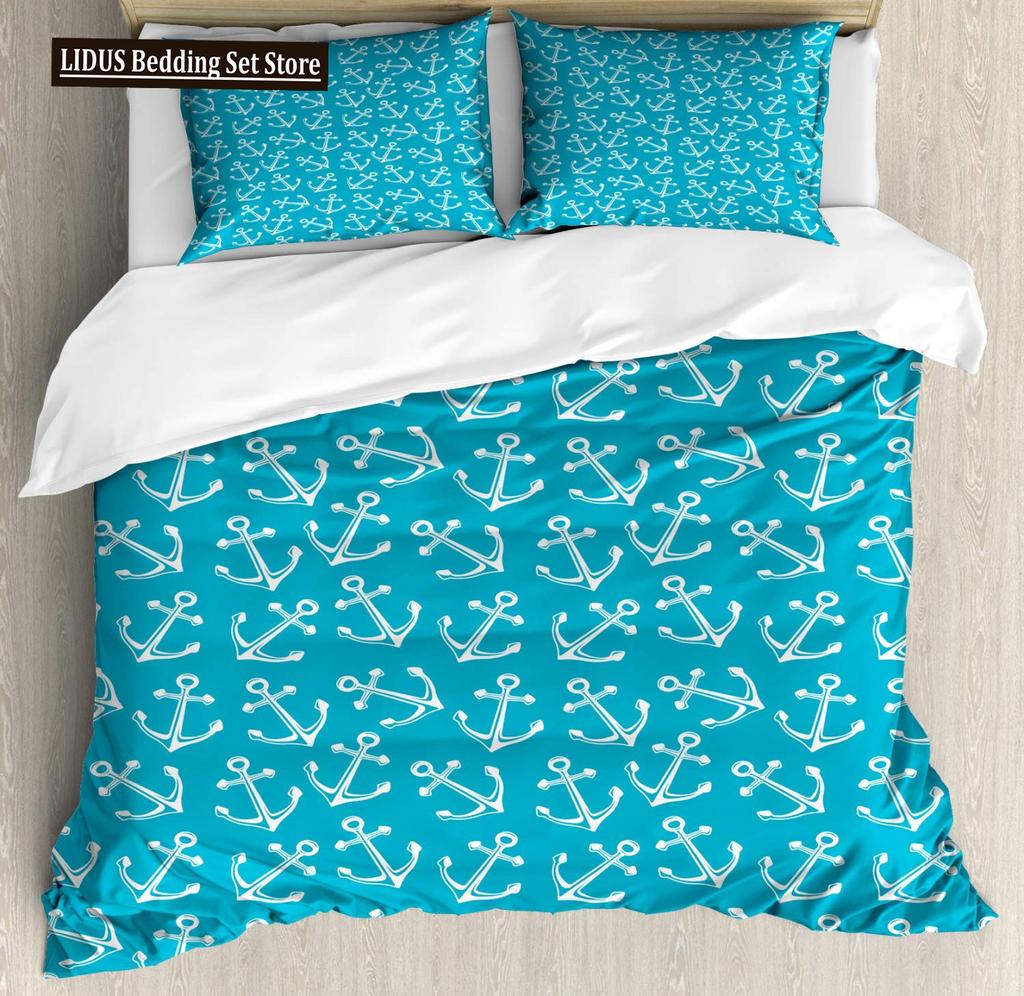 Maritimes Bettwäsche-Set mit Ozean-Anker-Dekor, Bettbezug, Seemann, Piratenkapitän, Meeresabenteuer, Tagesdecke für Kinder und Jungen, Marineblau