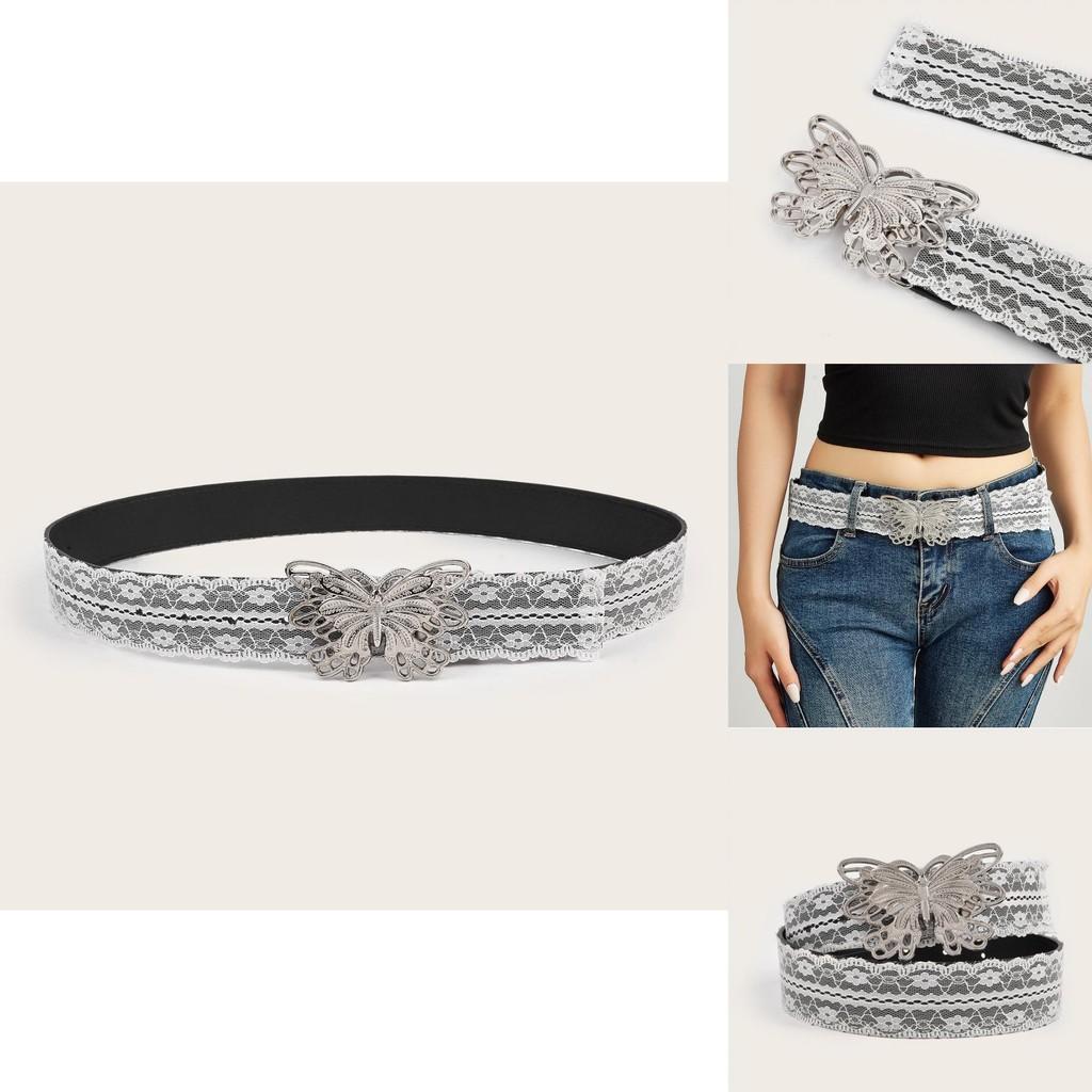 Womens Belt With Butterfly Buckle And Lace Decor For Casual Fashion