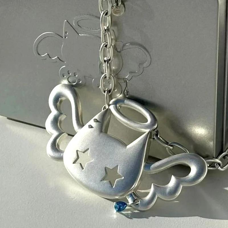 New Y2K Wing Cat Punk Pendant Necklace for Women Korean Fashion Blue Crystal Star Pendant Necklace Charm Accessories