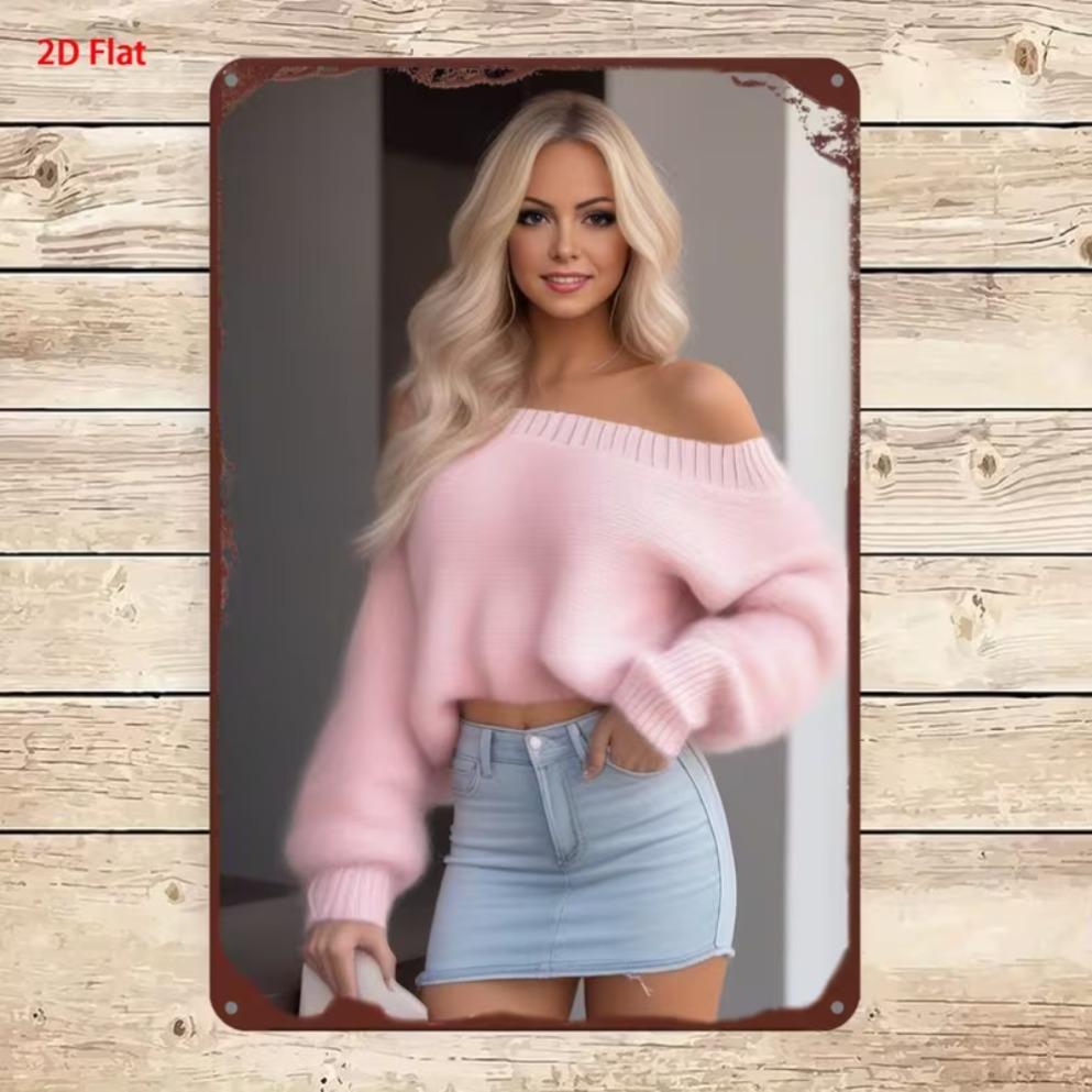 Vertical Metal Tin Sign Blonde Woman Yellow Crop Top Denim Shorts Wildflower Scenery Wall Hanging Decor