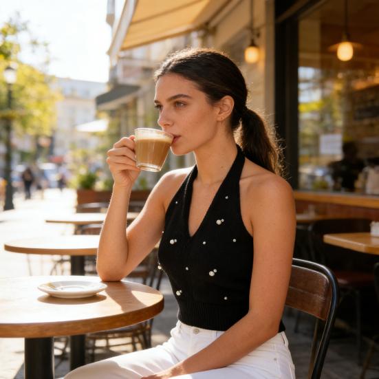 Women Tops Halter Neck Beaded Faux Pearls Camisole Soft Stretchy Loose Fit Solid Color Knitting Tops Work Party Wear