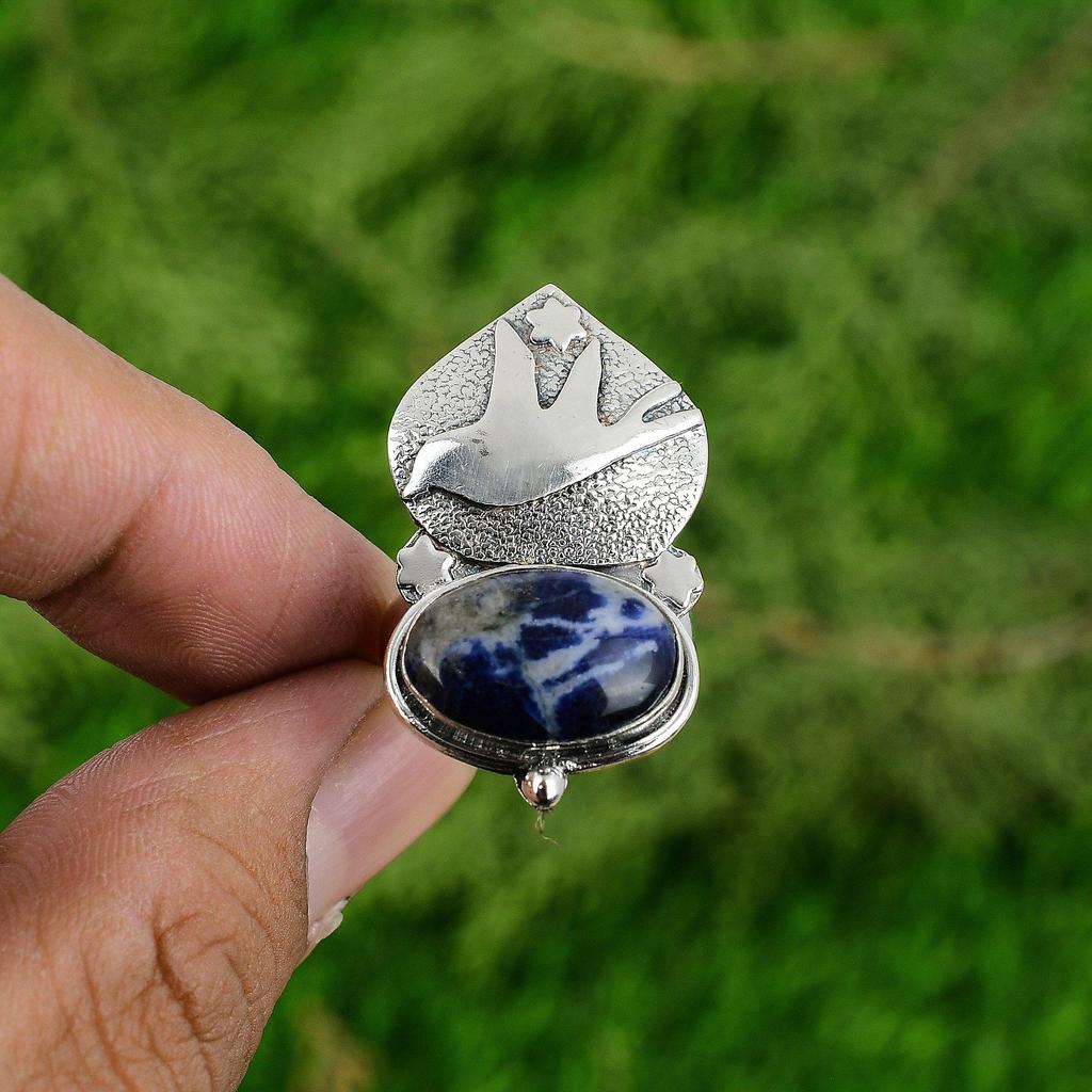 Womens day Deal Natural Sodalite 925 Silver Promise Bird Daughter Ring Jewelry