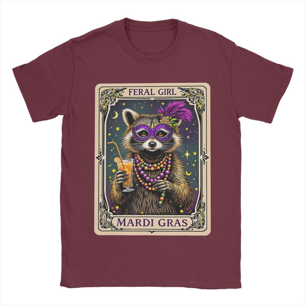 Unisex T-Shirts Feral Girl Mardi Gras Karneval Bunt Waschbär Einzigartig Baumwolle T-Shirts Kurzarm T-Shirt Rundhals Kleidung