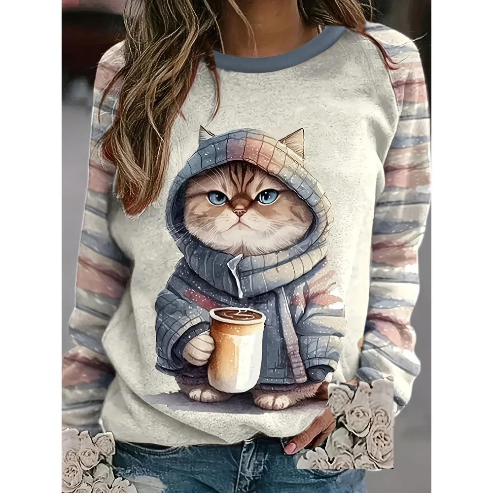 Camiseta Casual con Estampado de Gato 3D Manga Holgada Manga Larga Cuello Redondo Top Harajuku de Mujer