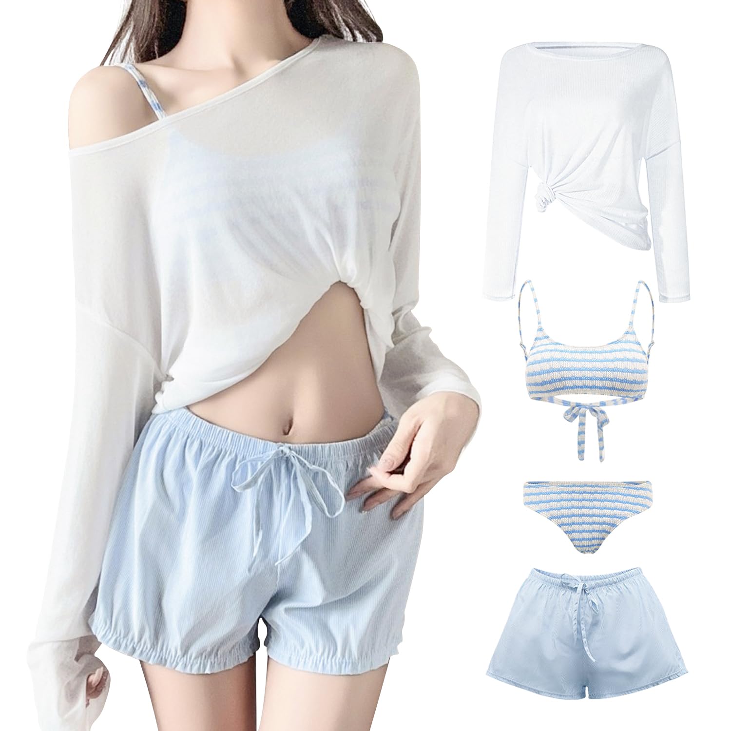 

Nippaws Bikini Set with Separate Long Sleeve Rash UV Cute Wireless Padded and Shorts Striped Pattern Blue Women s 4-Piece Tankini, Guard, Protection,