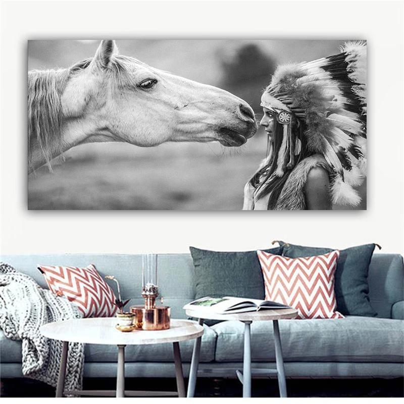 Indian Woman and White Horse Canvas Painting Poster and Printmaking Wall Art Picture Cuadros Room Dining Room Home Decoration