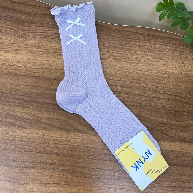 2026 Spring/Summer Women s Ruffled 3D Bow Mid-Calf Socks One Size